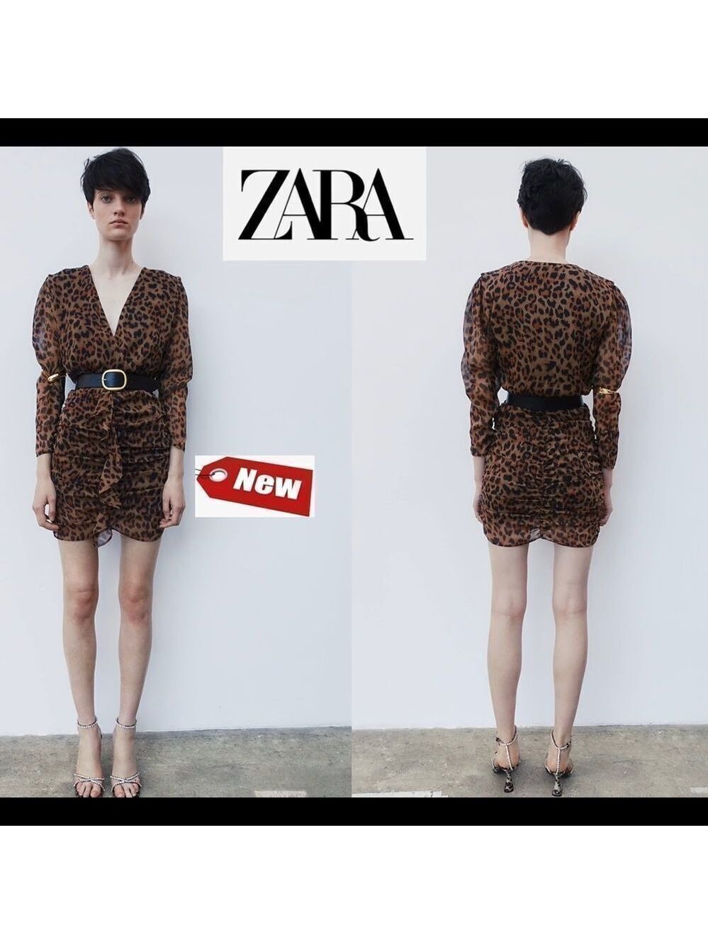 Zara Black brown ruffled animal leopard cheetah print ruched mini dress XS NWT